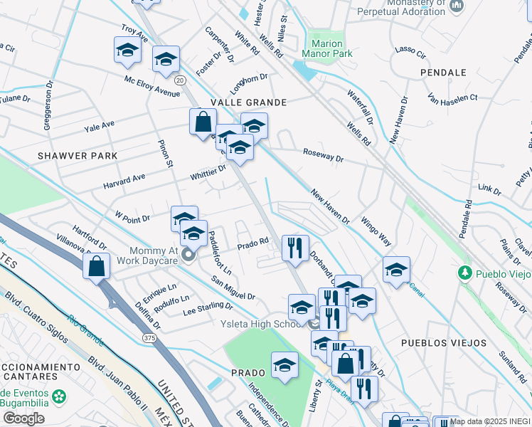 map of restaurants, bars, coffee shops, grocery stores, and more near 8479 Alameda Avenue in El Paso