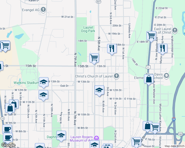 map of restaurants, bars, coffee shops, grocery stores, and more near 1406 North 5th Avenue in Laurel