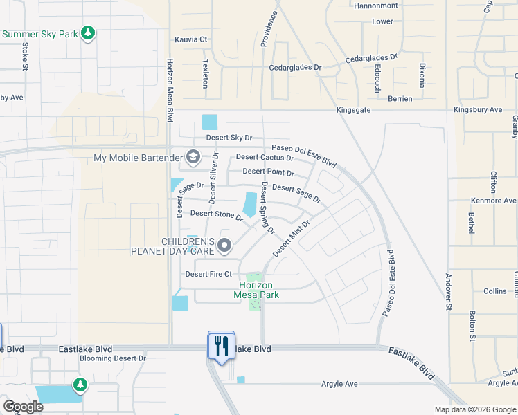map of restaurants, bars, coffee shops, grocery stores, and more near 14272 Desert Mesquite Drive in Horizon City