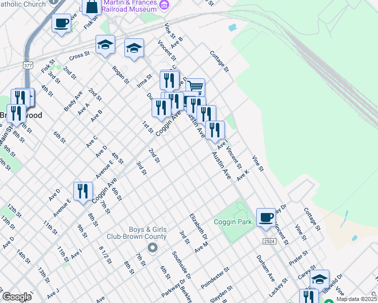 map of restaurants, bars, coffee shops, grocery stores, and more near 1107 Avenue H in Brownwood