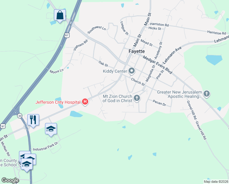 map of restaurants, bars, coffee shops, grocery stores, and more near 665 Harris Street in Fayette