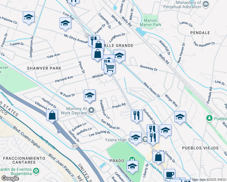 map of restaurants, bars, coffee shops, grocery stores, and more near 8482 Alameda Avenue in El Paso