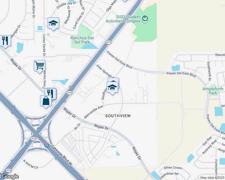 map of restaurants, bars, coffee shops, grocery stores, and more near 1150 Southview Drive in El Paso