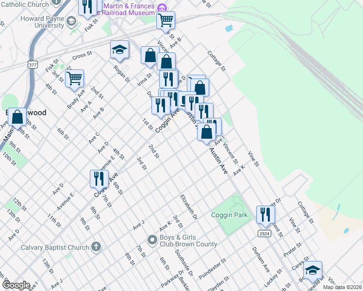 map of restaurants, bars, coffee shops, grocery stores, and more near 1107 Ave H in Brownwood