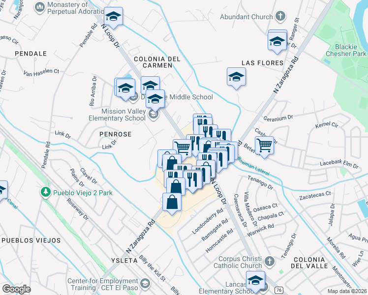 map of restaurants, bars, coffee shops, grocery stores, and more near 8742 North Loop Drive in El Paso