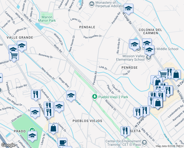 map of restaurants, bars, coffee shops, grocery stores, and more near 317 Pendale Road in El Paso