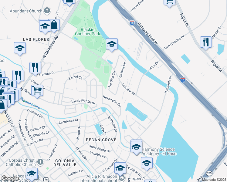 map of restaurants, bars, coffee shops, grocery stores, and more near 1235 Tio Dink Circle in El Paso