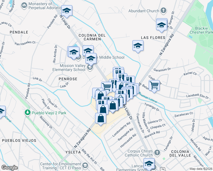 map of restaurants, bars, coffee shops, grocery stores, and more near 8742 North Loop Drive in El Paso