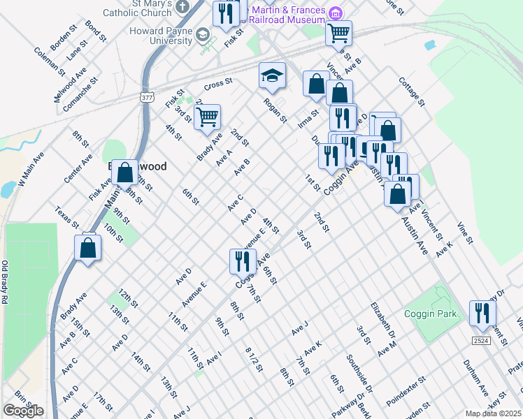 map of restaurants, bars, coffee shops, grocery stores, and more near 1510 Avenue D in Brownwood
