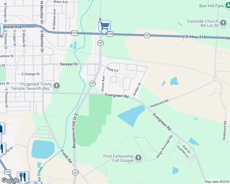 map of restaurants, bars, coffee shops, grocery stores, and more near 206 Evergreen Road in Fitzgerald
