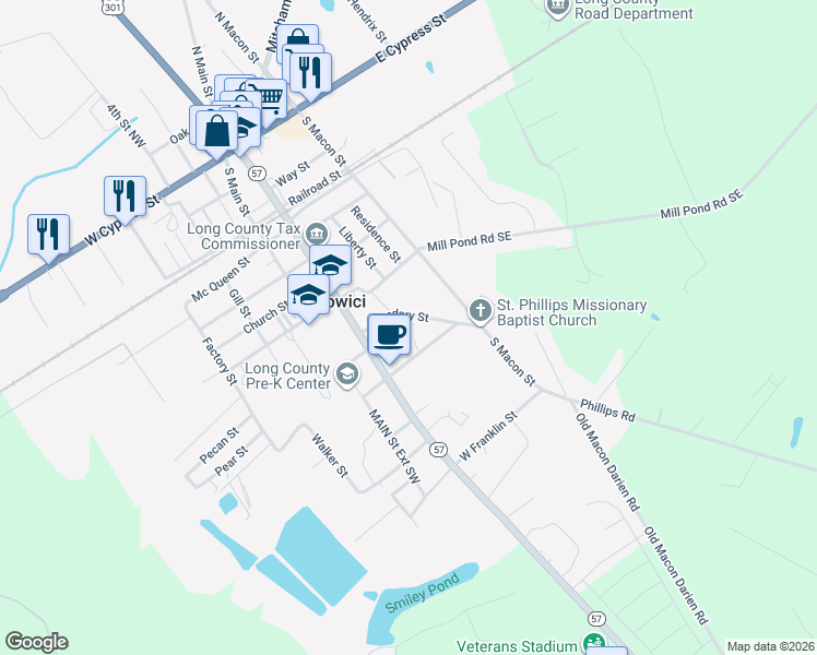 map of restaurants, bars, coffee shops, grocery stores, and more near 126 Boundary Street in Ludowici