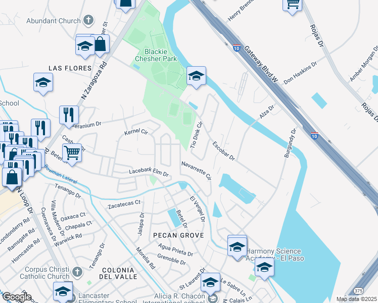 map of restaurants, bars, coffee shops, grocery stores, and more near 1054 Navarrette Circle in El Paso