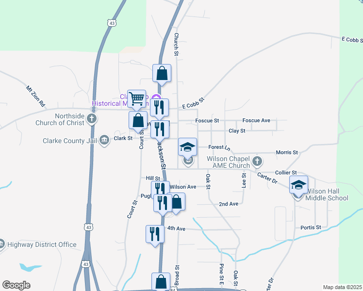 map of restaurants, bars, coffee shops, grocery stores, and more near 135 Church Street in Grove Hill