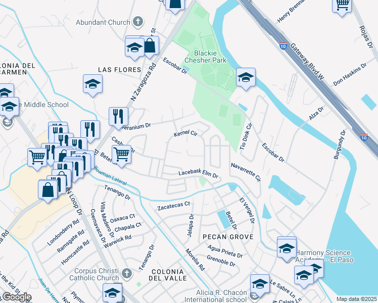 map of restaurants, bars, coffee shops, grocery stores, and more near 9101 Butternut Street in El Paso