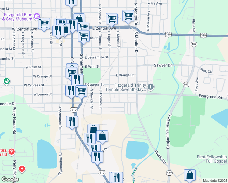 map of restaurants, bars, coffee shops, grocery stores, and more near 608 East Lemon Street in Fitzgerald