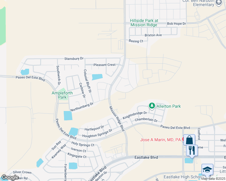 map of restaurants, bars, coffee shops, grocery stores, and more near Mission Ridge Boulevard in Horizon City