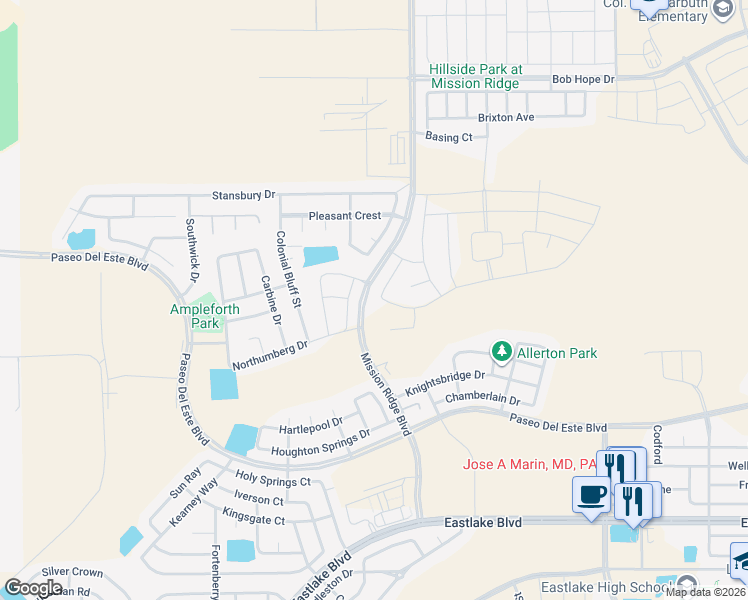 map of restaurants, bars, coffee shops, grocery stores, and more near Mission Ridge Boulevard in Horizon City