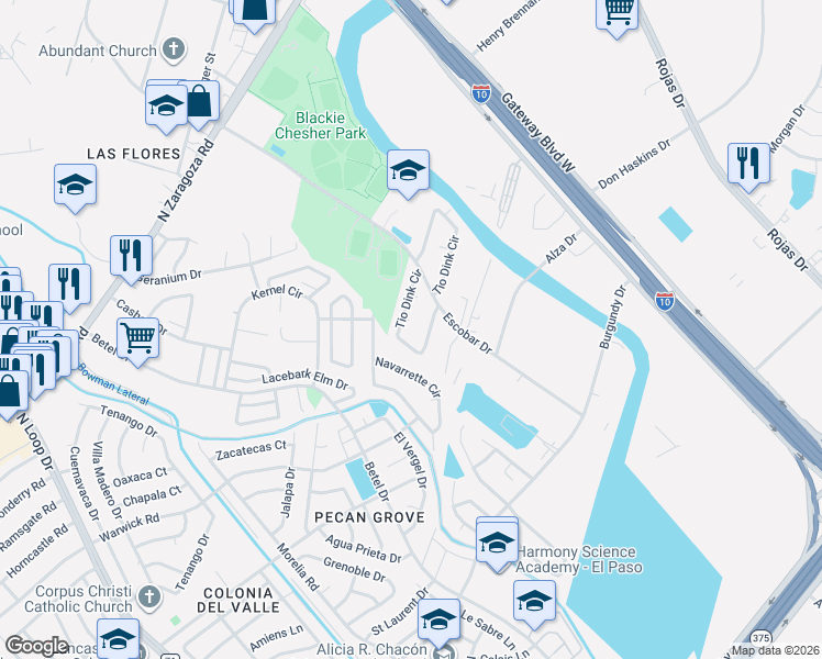 map of restaurants, bars, coffee shops, grocery stores, and more near 1235 Tio Dink Circle in El Paso