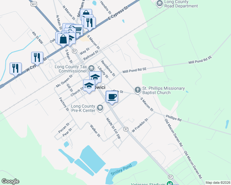 map of restaurants, bars, coffee shops, grocery stores, and more near 126 Boundary Street in Ludowici