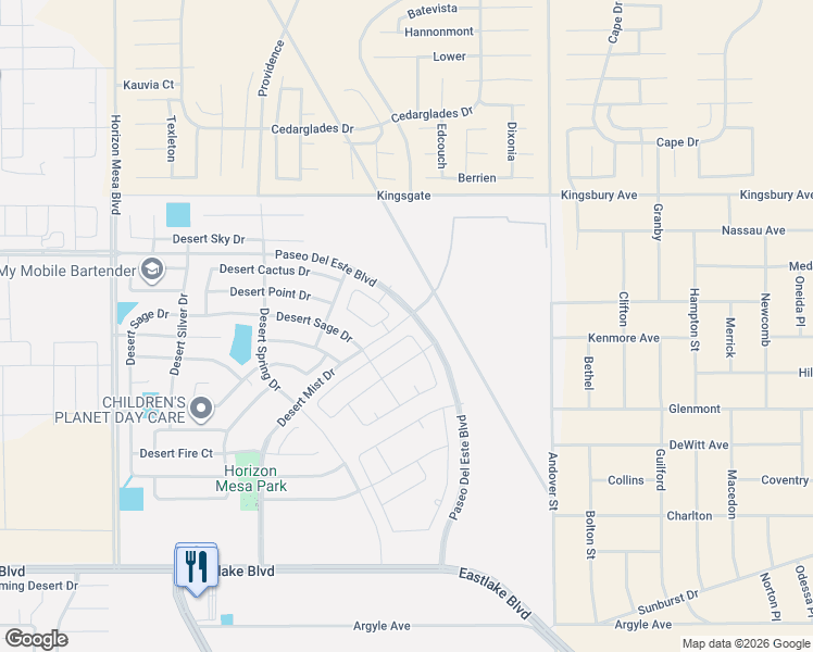 map of restaurants, bars, coffee shops, grocery stores, and more near 14485 Desert Sage Drive in Horizon City