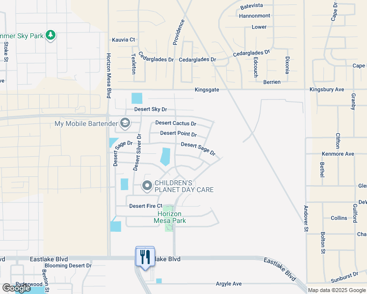 map of restaurants, bars, coffee shops, grocery stores, and more near 14412 Desert Sage Drive in Horizon City