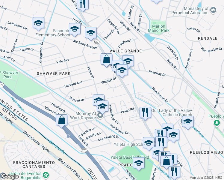 map of restaurants, bars, coffee shops, grocery stores, and more near 110 Whittier Drive in El Paso
