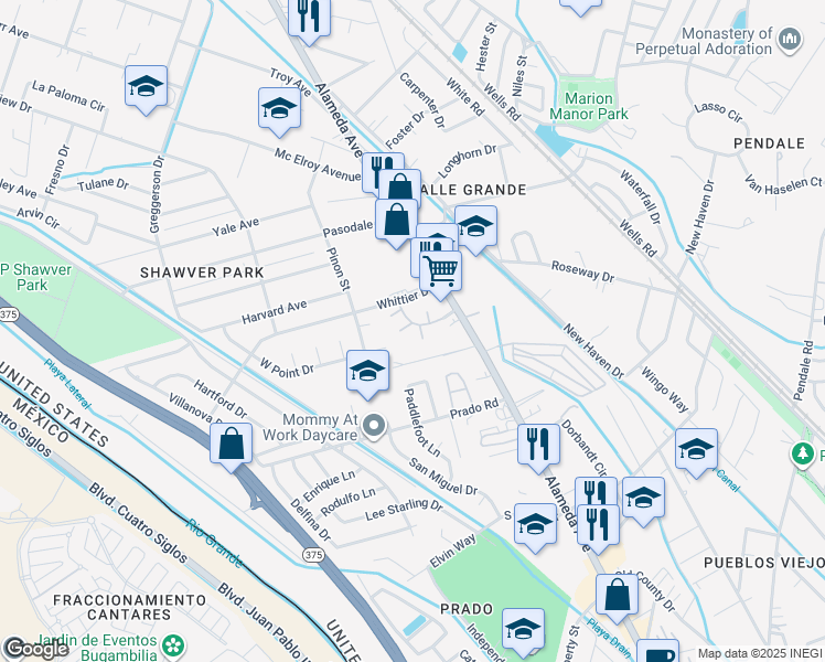 map of restaurants, bars, coffee shops, grocery stores, and more near 110 Whittier Drive in El Paso