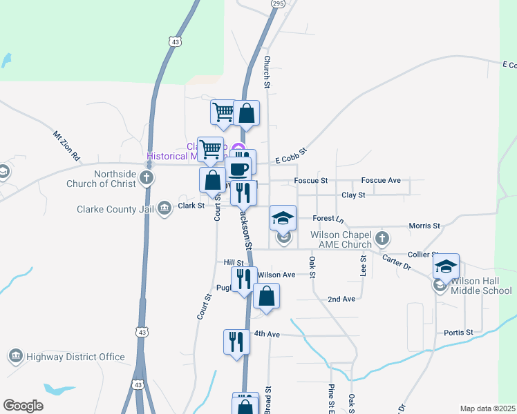 map of restaurants, bars, coffee shops, grocery stores, and more near 135 Church Street in Grove Hill