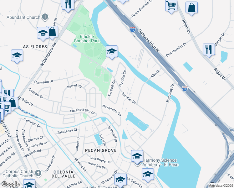 map of restaurants, bars, coffee shops, grocery stores, and more near 1235 Tio Dink Circle in El Paso