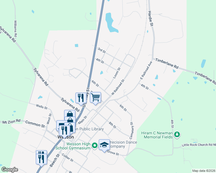 map of restaurants, bars, coffee shops, grocery stores, and more near 1010 Loom Street in Wesson