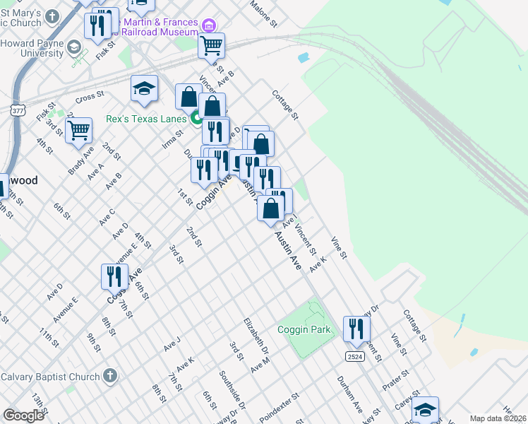 map of restaurants, bars, coffee shops, grocery stores, and more near 1004 Ave H in Brownwood