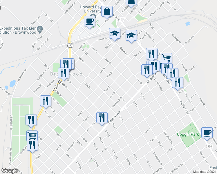 map of restaurants, bars, coffee shops, grocery stores, and more near 1612 Ave C in Brownwood