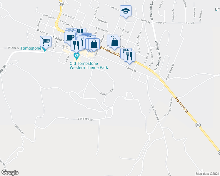 map of restaurants, bars, coffee shops, grocery stores, and more near 401 South Skyline Circle in Tombstone