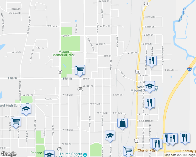 map of restaurants, bars, coffee shops, grocery stores, and more near 1500 North 3rd Avenue in Laurel