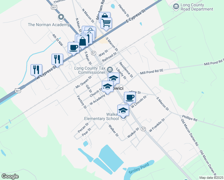 map of restaurants, bars, coffee shops, grocery stores, and more near East Academy Street in Ludowici