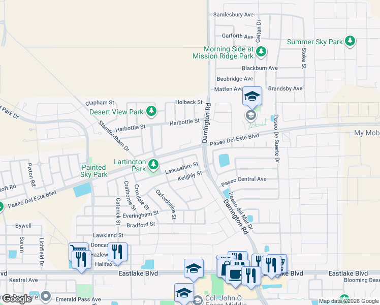 map of restaurants, bars, coffee shops, grocery stores, and more near 13669 Lartington Street in El Paso