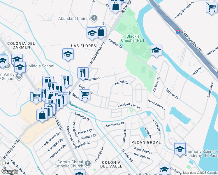 map of restaurants, bars, coffee shops, grocery stores, and more near 9133 Kernel Circle in El Paso