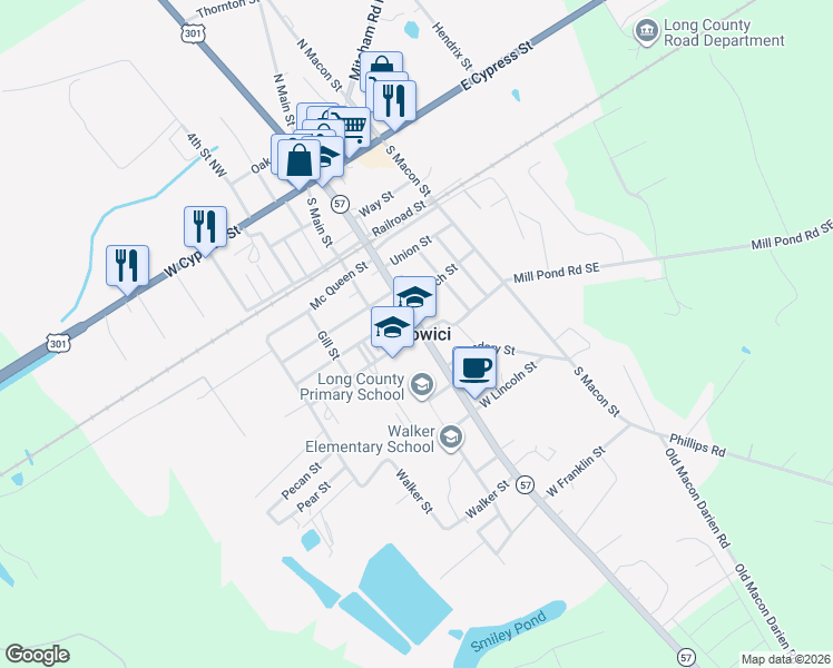 map of restaurants, bars, coffee shops, grocery stores, and more near in Ludowici