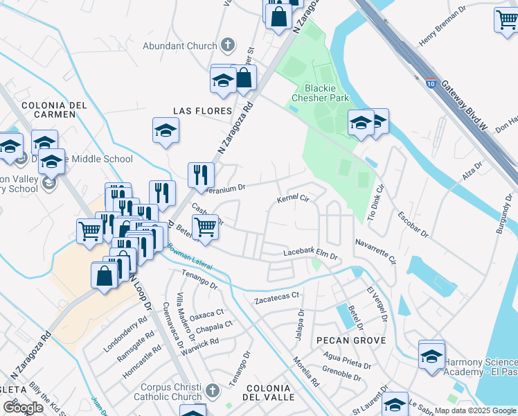 map of restaurants, bars, coffee shops, grocery stores, and more near 9133 Kernel Circle in El Paso