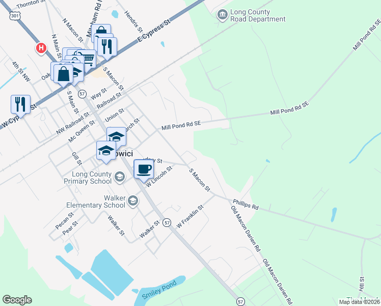 map of restaurants, bars, coffee shops, grocery stores, and more near 110 Mill Pond Road Southeast in Ludowici