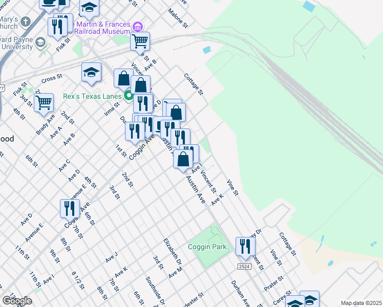 map of restaurants, bars, coffee shops, grocery stores, and more near 1603 Vincent Street in Brownwood