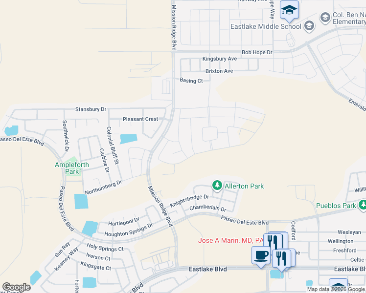 map of restaurants, bars, coffee shops, grocery stores, and more near Mission Ridge Boulevard in El Paso