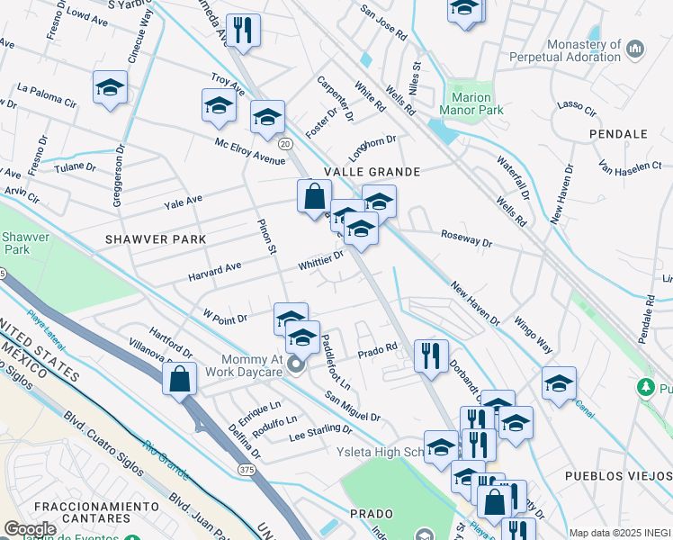 map of restaurants, bars, coffee shops, grocery stores, and more near 123 Whittier Drive in El Paso