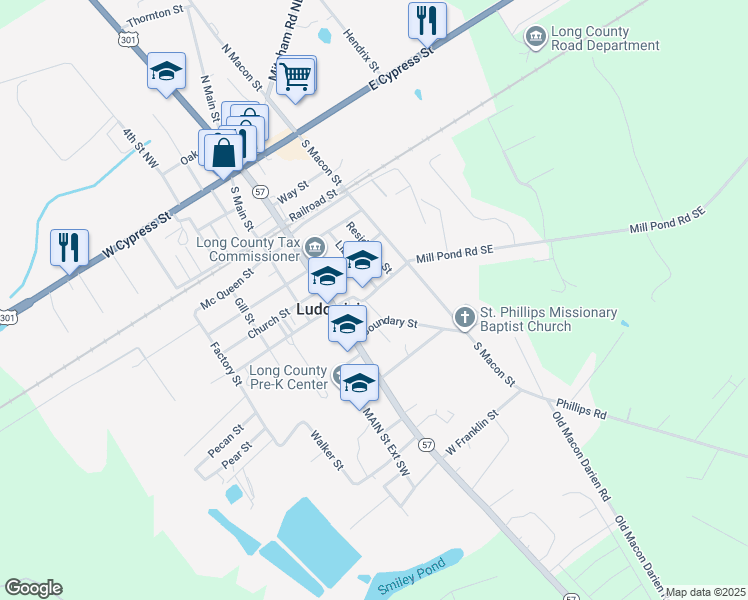 map of restaurants, bars, coffee shops, grocery stores, and more near East Academy Street in Ludowici