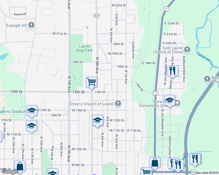 map of restaurants, bars, coffee shops, grocery stores, and more near 1500-1598 N 3rd Ave in Laurel