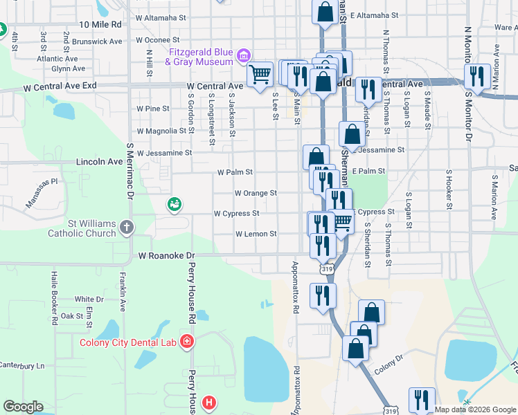 map of restaurants, bars, coffee shops, grocery stores, and more near 609 South Johnston Street in Fitzgerald