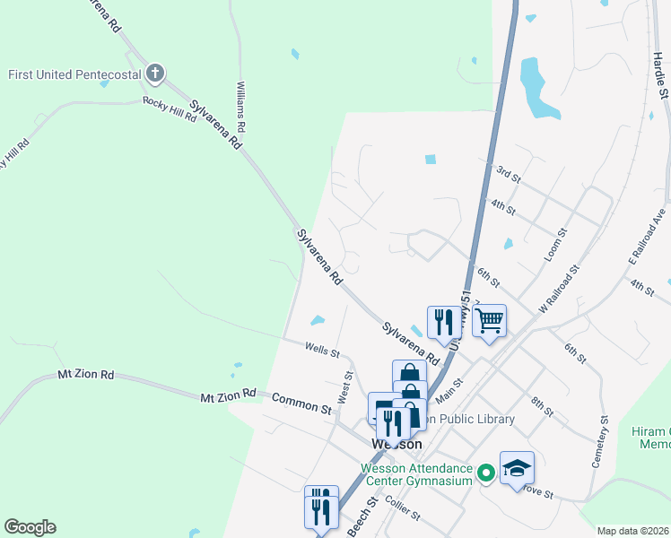 map of restaurants, bars, coffee shops, grocery stores, and more near 1018 David Britt Street in Wesson