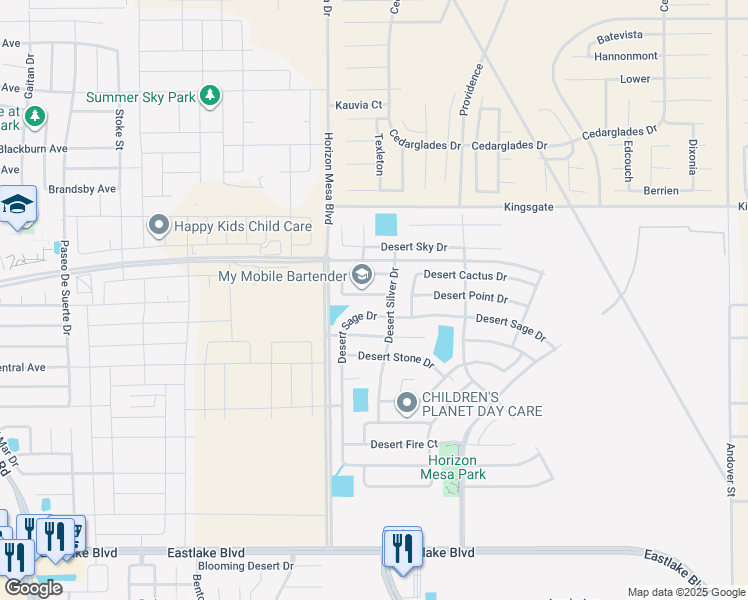 map of restaurants, bars, coffee shops, grocery stores, and more near 14232 Desert Bush Drive in Horizon City