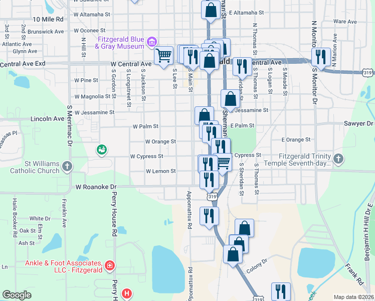 map of restaurants, bars, coffee shops, grocery stores, and more near 609 South Main Street in Fitzgerald