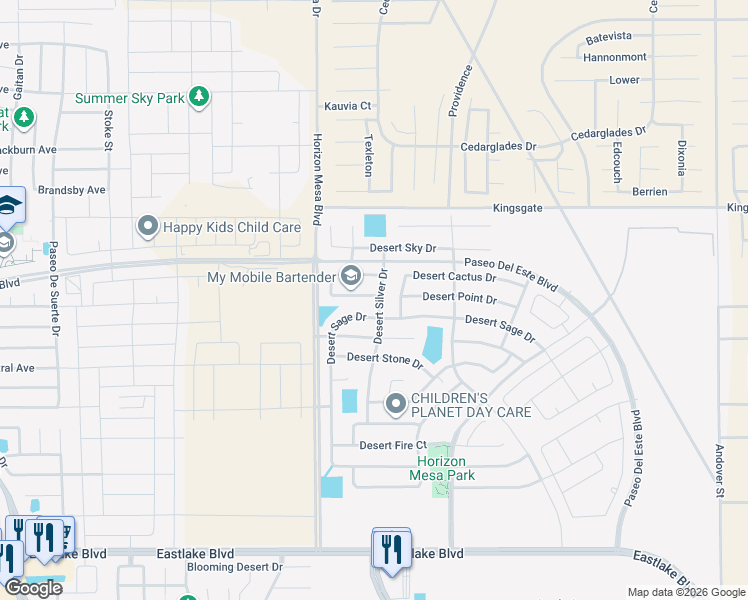 map of restaurants, bars, coffee shops, grocery stores, and more near 14232 Desert Bush Drive in Horizon City